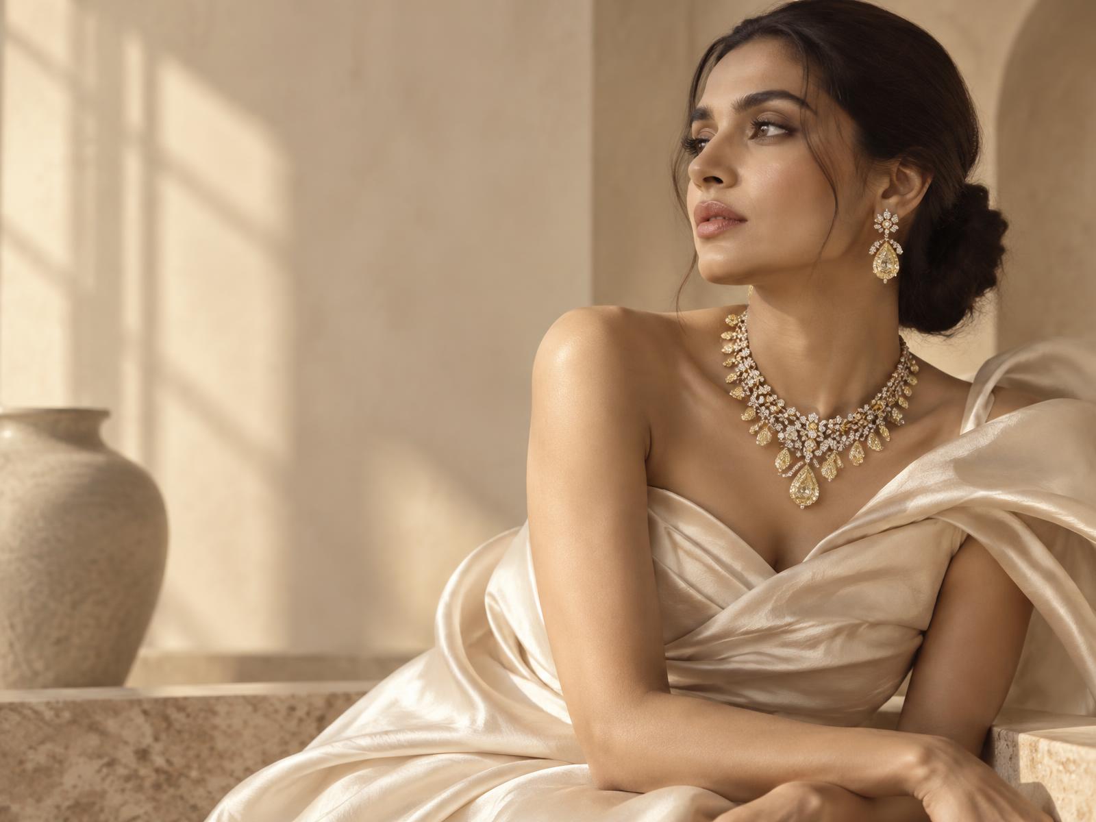 Woman wearing an Aurélia diamond necklace